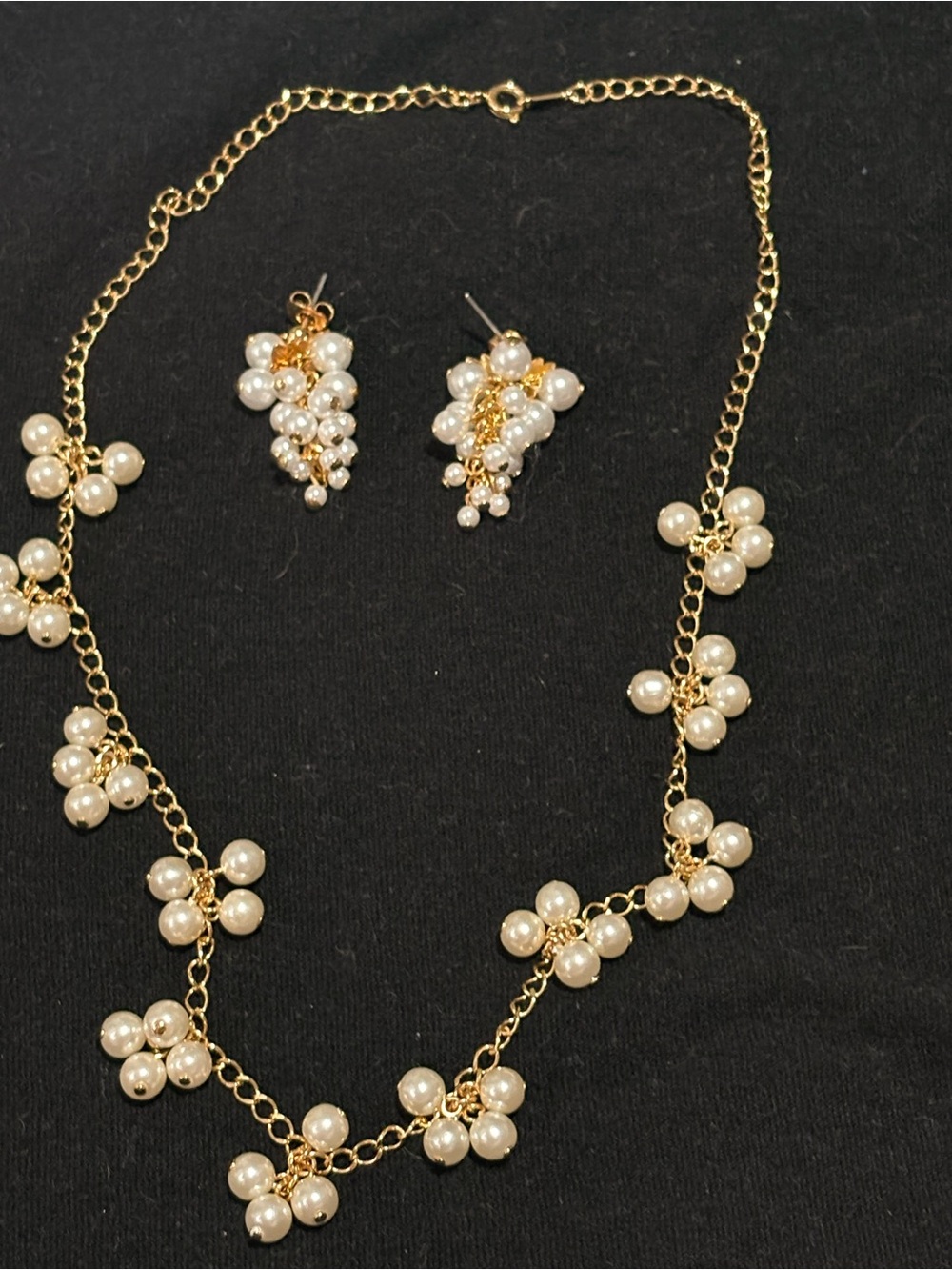 Gold and Pearl Cluster Necklace & Earrings Set